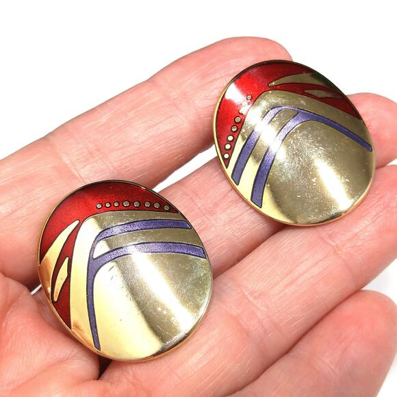 Laurel Burch Metallic Red & Purple Earrings, Gold Plated, 1980s Vintage - Picture 8 of 10